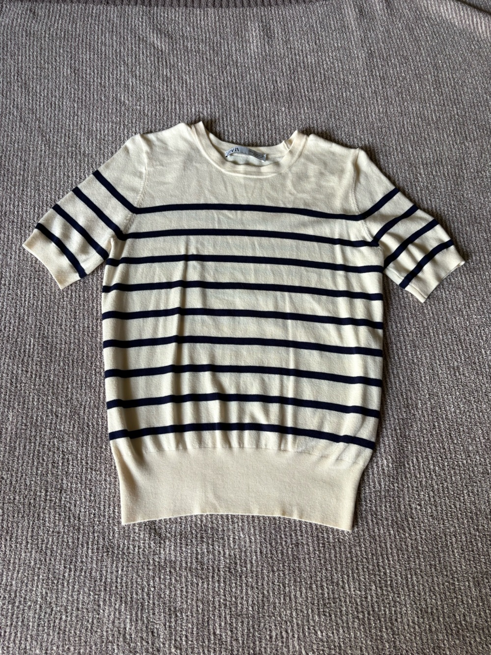Zara Cream and Navy Striped Short-Sleeve Sweater